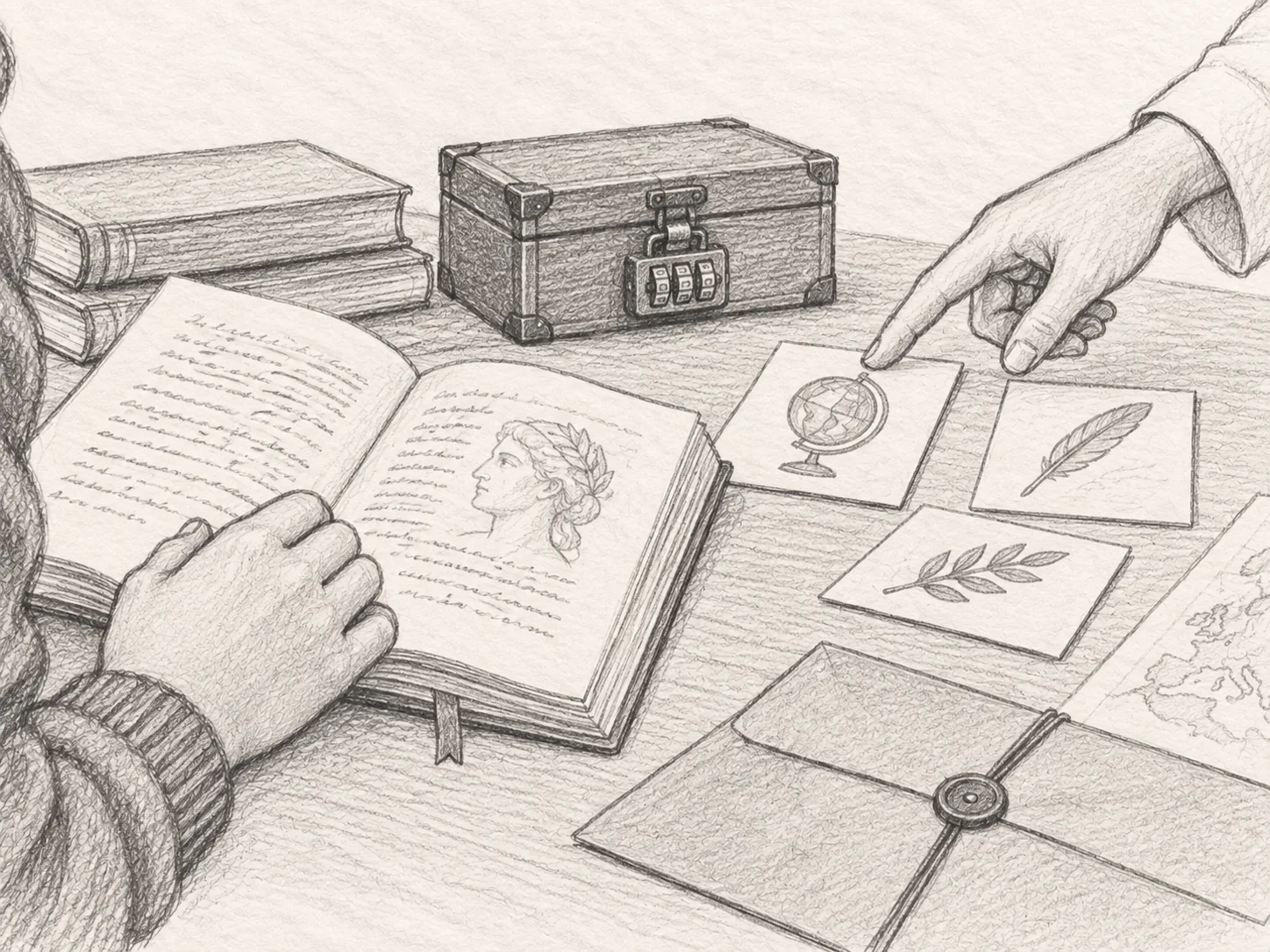 Schizzo a matita di un'attività umanistica: libro aperto, carte con simboli, mappa e piccolo baule con lucchetto usati come indizi di un gioco.