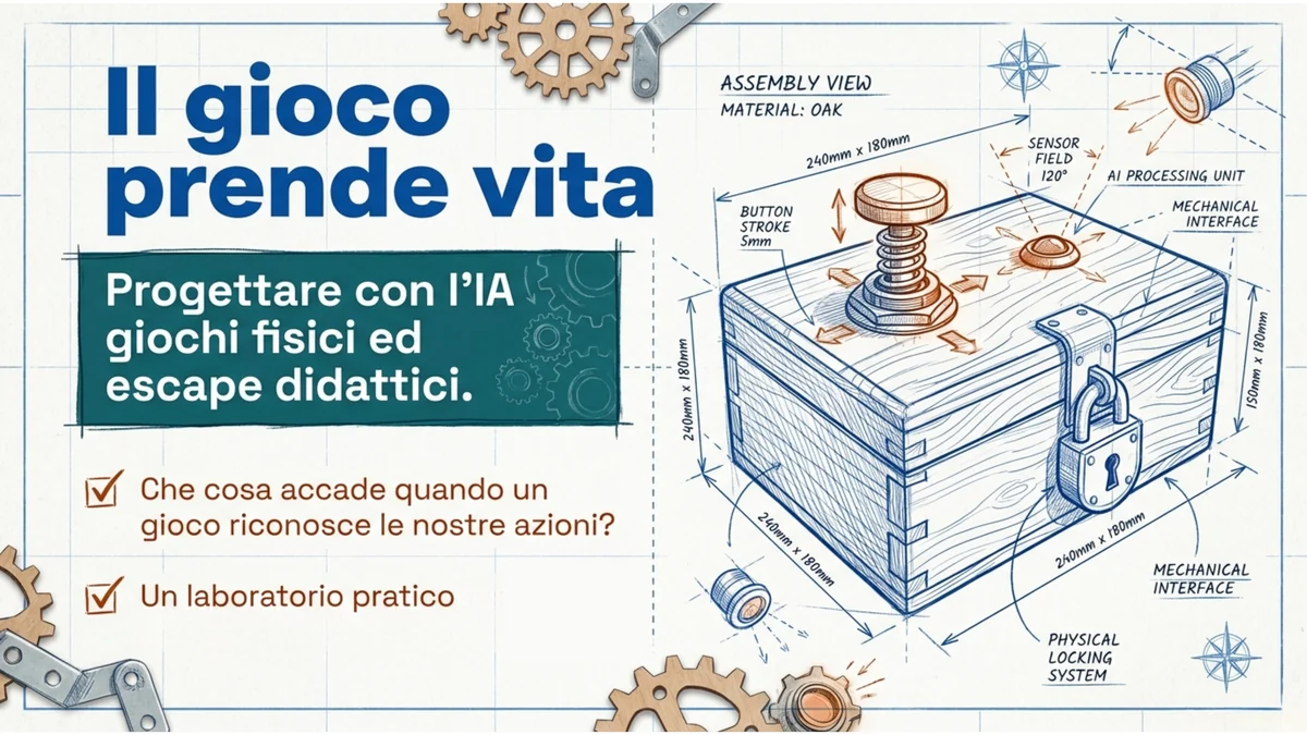 Prima slide della presentazione Il gioco prende vita: titolo del corso e disegno tecnico di una scatola interattiva con pulsante e lucchetto.